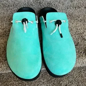 BUSCEMI Men\'s Suede Turquoise Drawstrings Clogs. Wooden clogs in dark blue suede - Troentorp Clogs, Bastad  main image 4